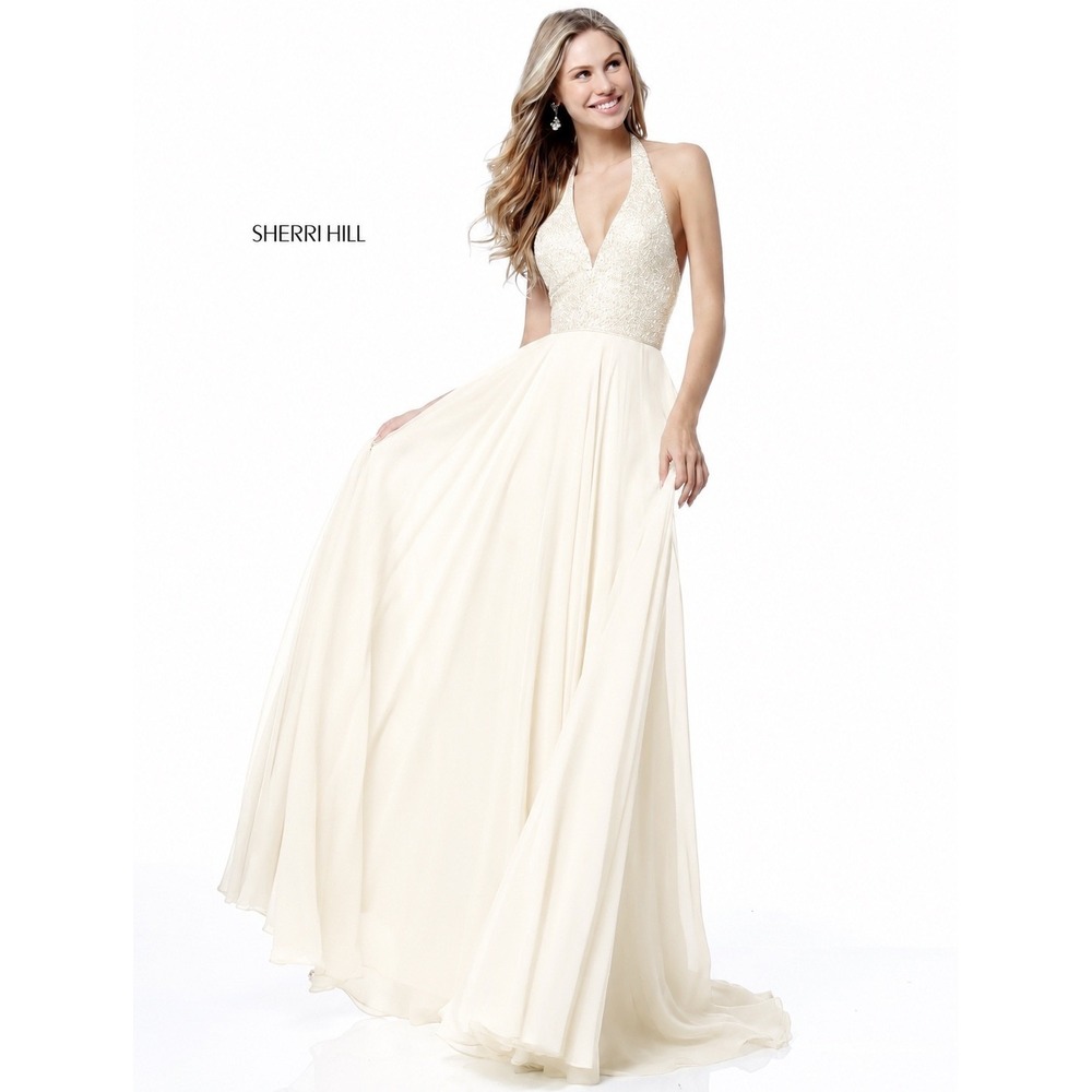 Sherri Hill 51640 Ivory Sequin Halter Chiffon Gown Size 8 NWT Retail $480